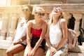 Group of smiling beautiful girls on summer vacation. Royalty Free Stock Photo