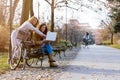 Group of smiling college girls on park bench working on laptop Royalty Free Stock Photo