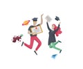 Group smiling graduates people in graduation gowns holding diplomas and happy Jumping. Vector illustration concept