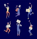 Group smiling graduates people in graduation gowns holding diplomas and happy Jumping. Vector illustration concept