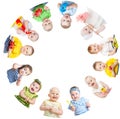 Group of smiling kids standing in huddle on white Royalty Free Stock Photo