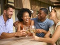 Group Of Smiling Multi-Cultural Friends Outdoors At Home Drinking Wine Together Royalty Free Stock Photo