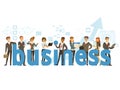 Group of smiling office people holding the word Business cartoon colorful vector Illustration