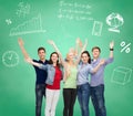 Group of smiling students over green board Royalty Free Stock Photo