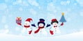 Group of snowman characters with gifts and Christmas tree on a winter snowy background. Christmas banner with holiday design