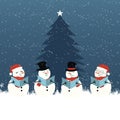 Group of snowman singing near Christmas tree in the winter cartoon vector illustration