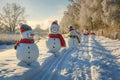 A group of snowmen stands tall in a snowy landscape, creating a whimsical winter scene, A countryside landscape with snowmen