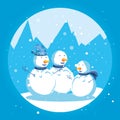 Group snowmen with winter landscape of christmas