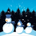 Group snowmen with winter landscape of christmas