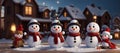 Group of snowmen on winter wonderland snowy background