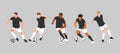 group of soccer athletes dribbling a ball. with different poses, gestures, skin color. graphic flat vector set