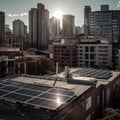 Solar Panels on Rooftop Amidst Urban Buildings