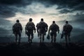 group soldiers from behind full shot bright mood lighting movie. AI Generated