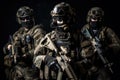 Group of soldiers in full gear with assault rifle and gas mask on black background, Special Forces Military Unit in Full Tactical