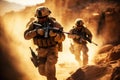 Group of Soldiers Marching Through Desert in Formation, United States Marine Corps Special forces soldiers in action during a Royalty Free Stock Photo