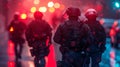 Group of soldiers in protective uniforms and helmets walk in rain, illuminated by red light of city lights.