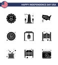 Set Of 9 Modern Solid Glyphs Pack On USA Independence Day Badge; Celebration; Washington; Bird; Usa