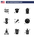 Group of 9 Solid Glyphs Set for Independence day of United States of America such as festival; fire work; drink; military; badge