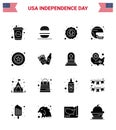 Group of 16 Solid Glyphs Set for Independence day of United States of America such as state; helmet; american; football; badge