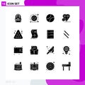 Group of 16 Solid Glyphs Signs and Symbols for billiards, big think, energy, jewel, baseball