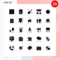 Group of 25 Solid Glyphs Signs and Symbols for sports, shooting, instrument, team work, our