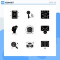 Group of 9 Solid Glyphs Signs and Symbols for trian, speed train, navigation, thinking, head Royalty Free Stock Photo