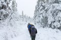 Group of some people on winter hike in mountains, backpackers walking on snowy forest Royalty Free Stock Photo