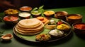 Group of South Indian food like Masala Dosa, Uttapam, Idli idly, Wada vada, sambar