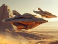 a group of spaceships flying over a desert