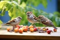 a group of sparrows pecking at a piece of fruit left on a garden table