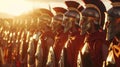 A group of Spartan Hoplites stand in formation their red cloaks and bronze armor gleaming in the sunlight. They are a