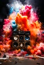 Group of speakers sitting on top of pile of colored powder. Generative AI Royalty Free Stock Photo