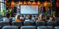 A group of spectators sits in the auditorium in front of the screen. An audience of students watches TV.Generated by AI.