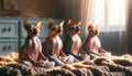 Group of Sphynx cats meditating on a blanket, warm sunlight, tranquil home setting. Generative AI Royalty Free Stock Photo