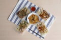 Group of Spicy egg noodle with dumplings shrimp, roasted pork an Royalty Free Stock Photo