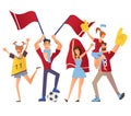 Group of sport fans with attributes cheering for the team. Flat vector illustration on a white background. Isolated