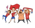 Group of sport fans with football attributes cheering for the team. Flat vector illustration on white background
