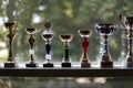 Group of sport trophies in row in a sport hall Royalty Free Stock Photo