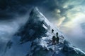 group sport winter blizzard snow nature adventure hiking mountain landscape. Generative AI.