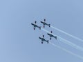 A group of sports airplanes show in the sky an aerobatic show dedicated to the 70th anniversary of the Independence of Israel