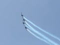 A group of sports airplanes show in the sky an aerobatic show dedicated to the 70th anniversary of the Independence of Israel