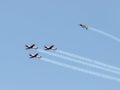 A group of sports airplanes show in the sky an aerobatic show dedicated to the 70th anniversary of the Independence of Israel