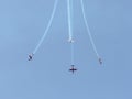 A group of sports airplanes show in the sky an aerobatic show dedicated to the 70th anniversary of the Independence of Israel