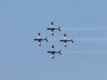 A group of sports airplanes show in the sky an aerobatic show dedicated to the 70th anniversary of the Independence of Israel