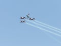 A group of sports airplanes show in the sky an aerobatic show dedicated to the 70th anniversary of the Independence of Israel