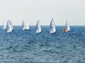 A group of sportsmans on small sailing yachts trains on the Mediterranean Sea near the coast of Nahariyya in Israel