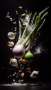 Group of Spring Onions Vegetable Creatively Falling-Dripping Flying or Splashing on Black Background AI Generative
