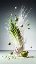 Group of Spring Onions Vegetable Creatively Falling-Dripping Flying or Splashing on White Background AI Generative