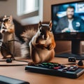 A group of squirrels participating in an e-sports competition, each with a tiny game controller4