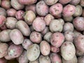 Group stack pile of red potatoes display at organic farmers market grocery in natural sunlight Royalty Free Stock Photo